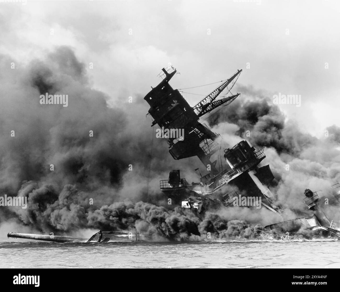 The USS Arizona (BB-39) burning after the Japanese attack at Pearl Harbor on December 7, 1941. Stock Photo