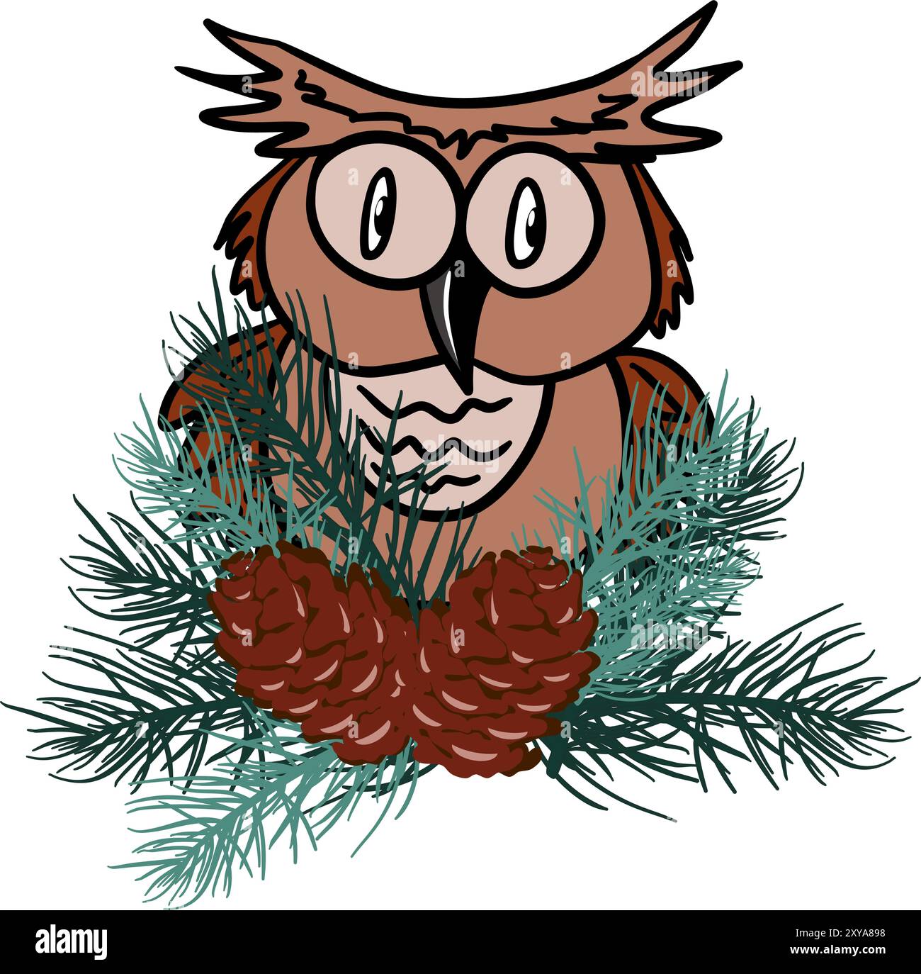 Eagle owl with pine branches and cones vector illustration Stock Vector