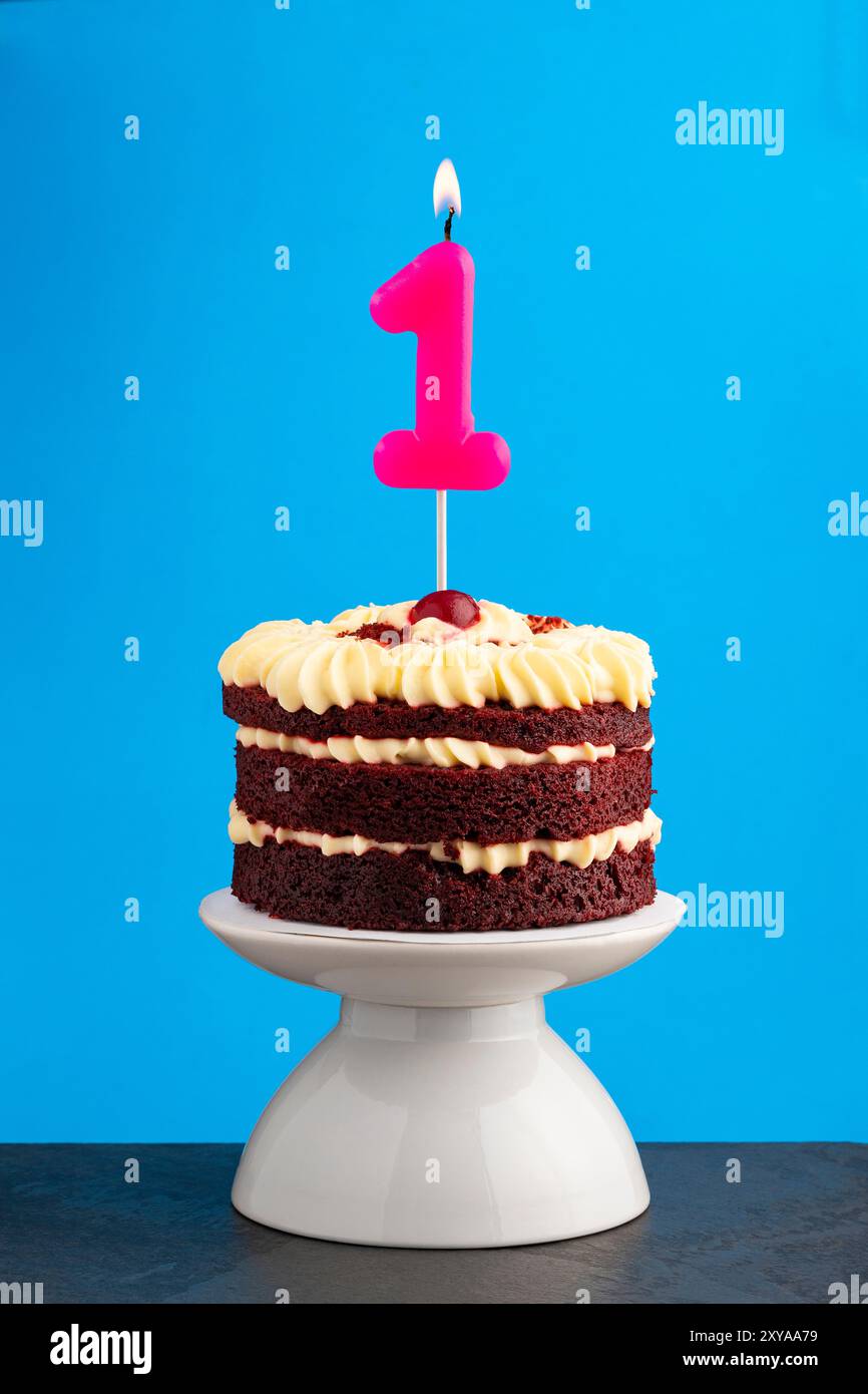 Birthday number 1 - Candle with red velvet cake Stock Photo