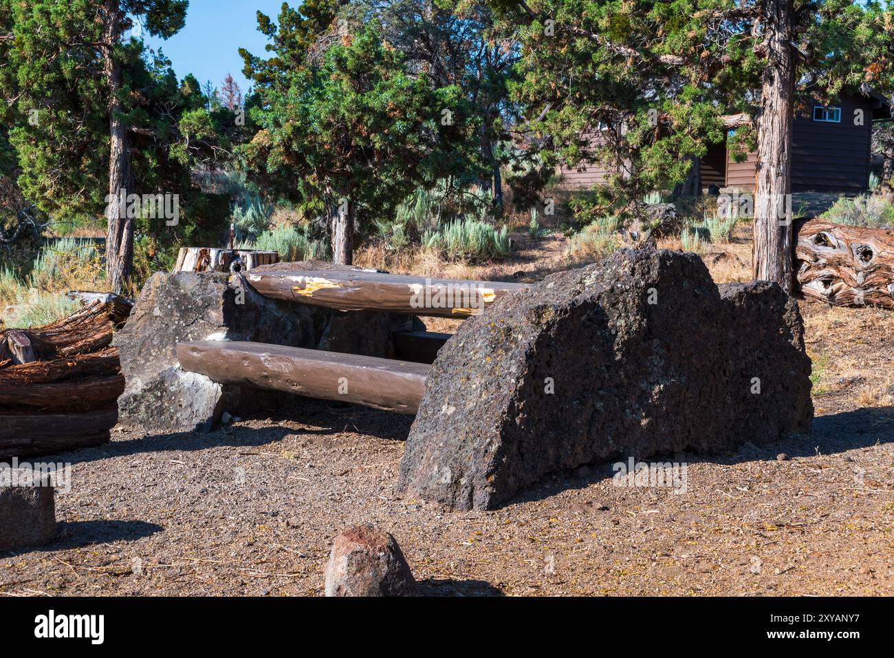 Lava Beds National Monument, CA USA - 8 AUG 2023: Campground tables