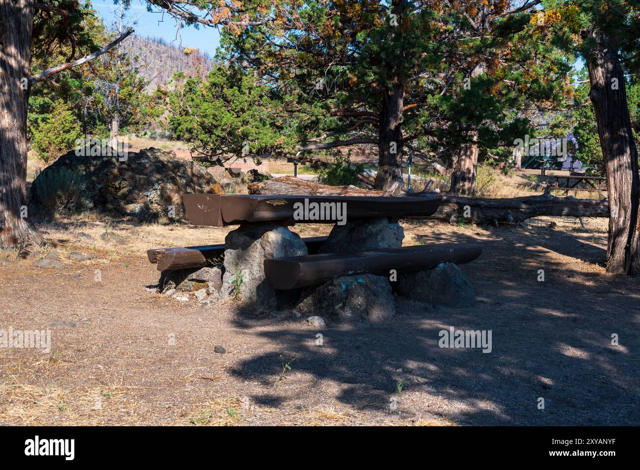 Lava Beds National Monument, CA USA - 8 AUG 2023: Campground tables
