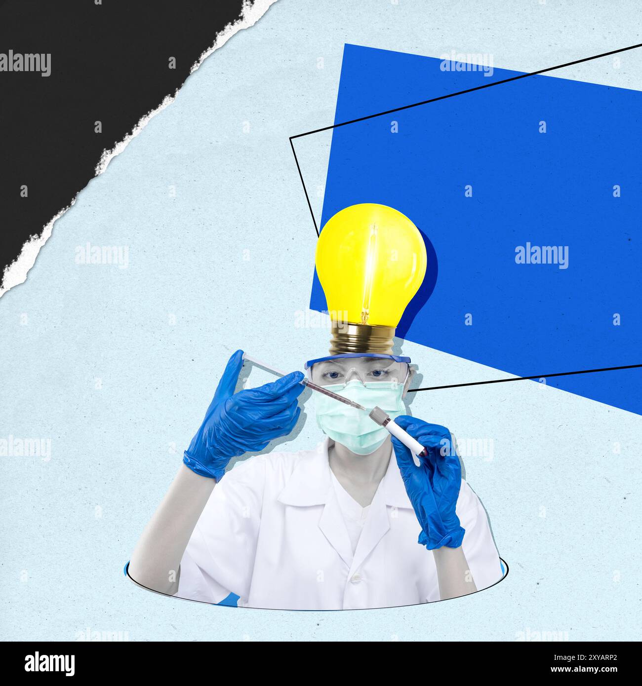 A woman in a white lab coat is holding a syringe and wearing a mask ...