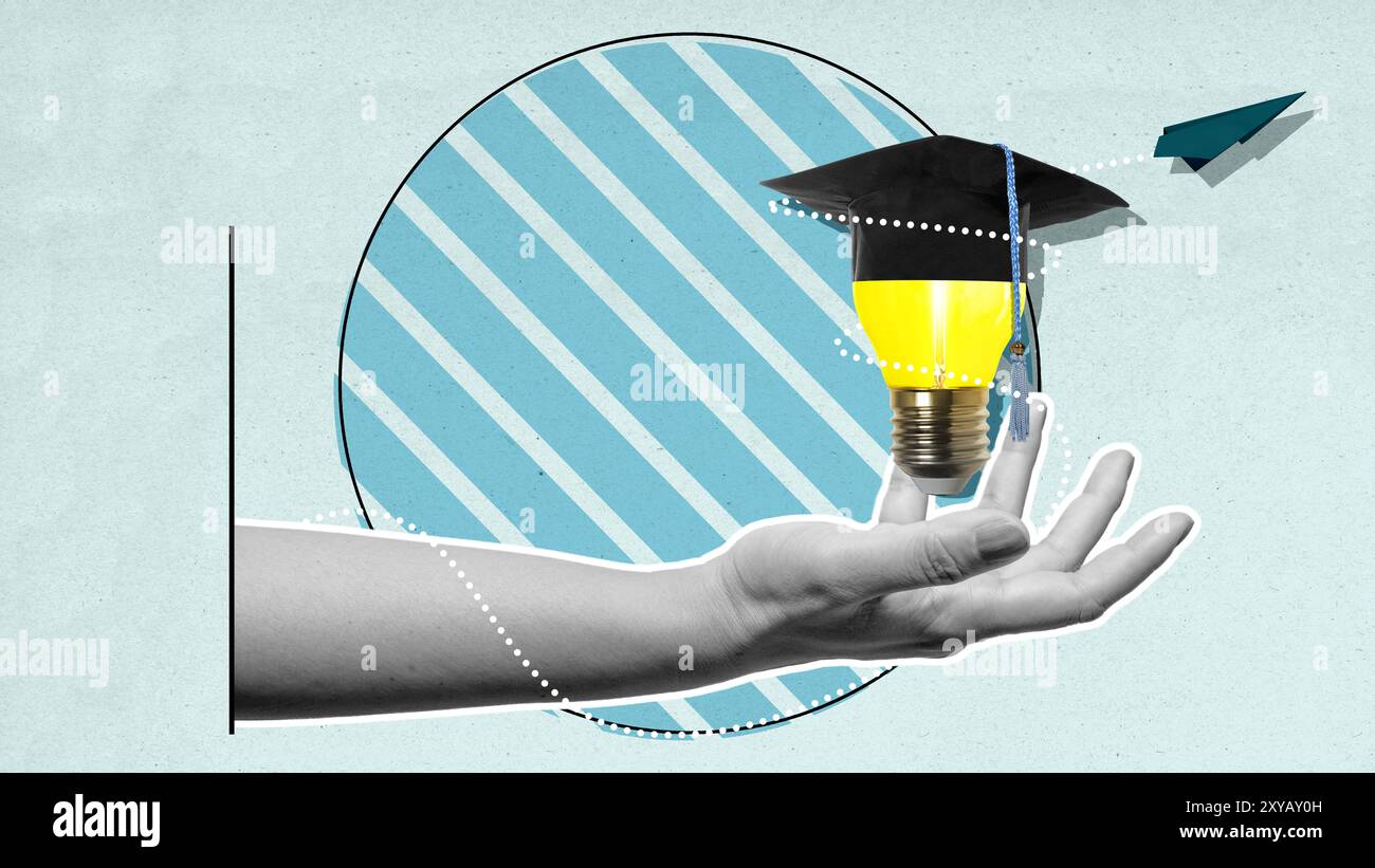 A hand holding a light bulb with a graduation cap on top. Concept of ...