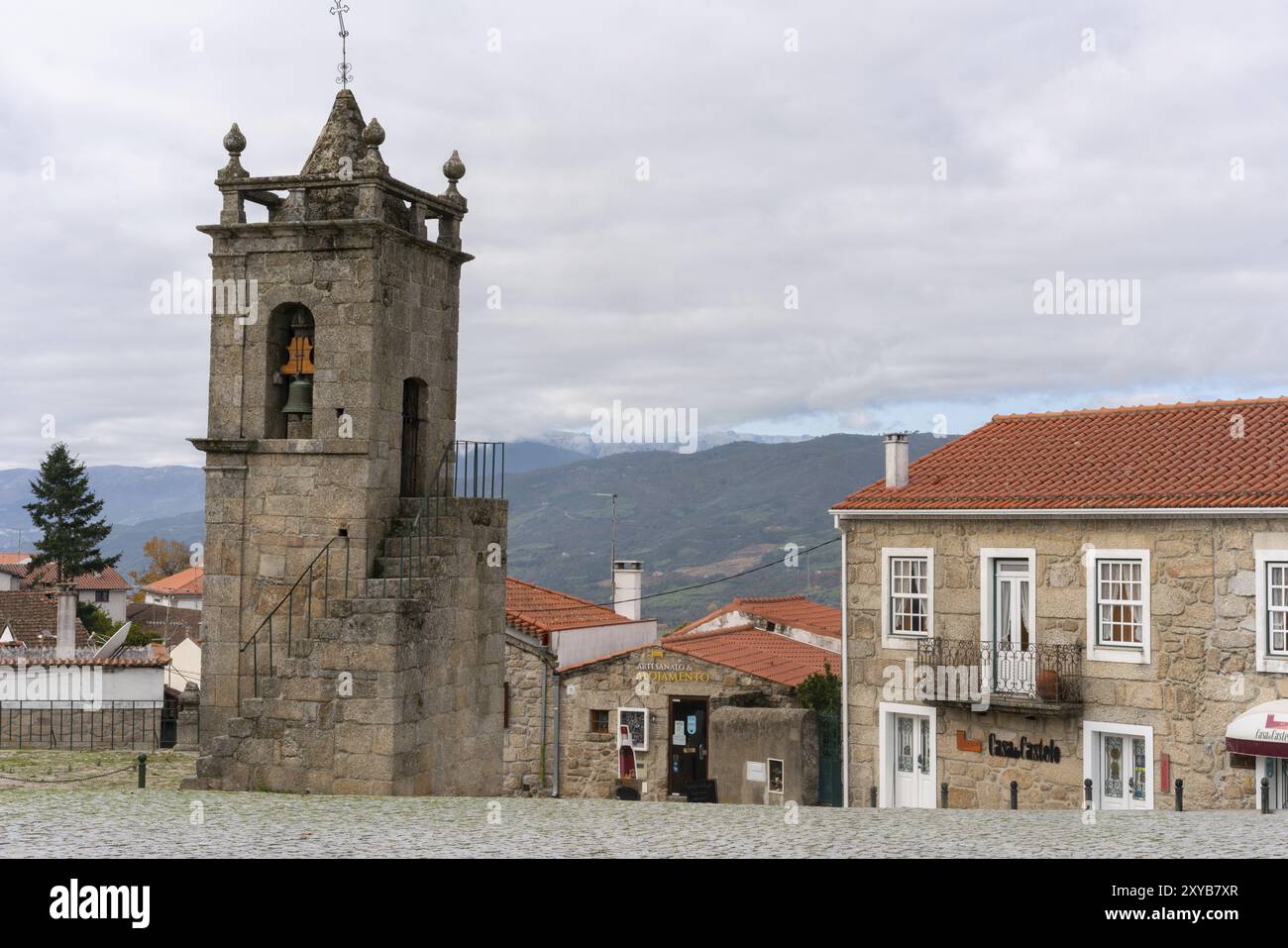 Belmonte historic village Sao Tiago church with bell on the tower, in Portugal Stock Photo