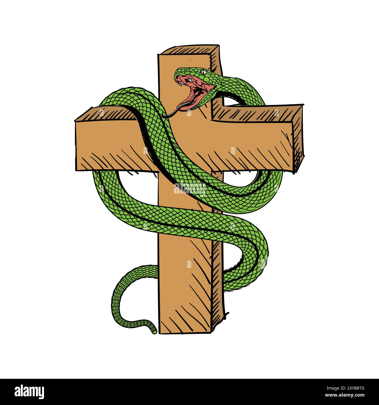 Vintage Wooden Jesus Christian Cross with Green Snake Serpent Cobra Illustration Design Vector Stock Vector