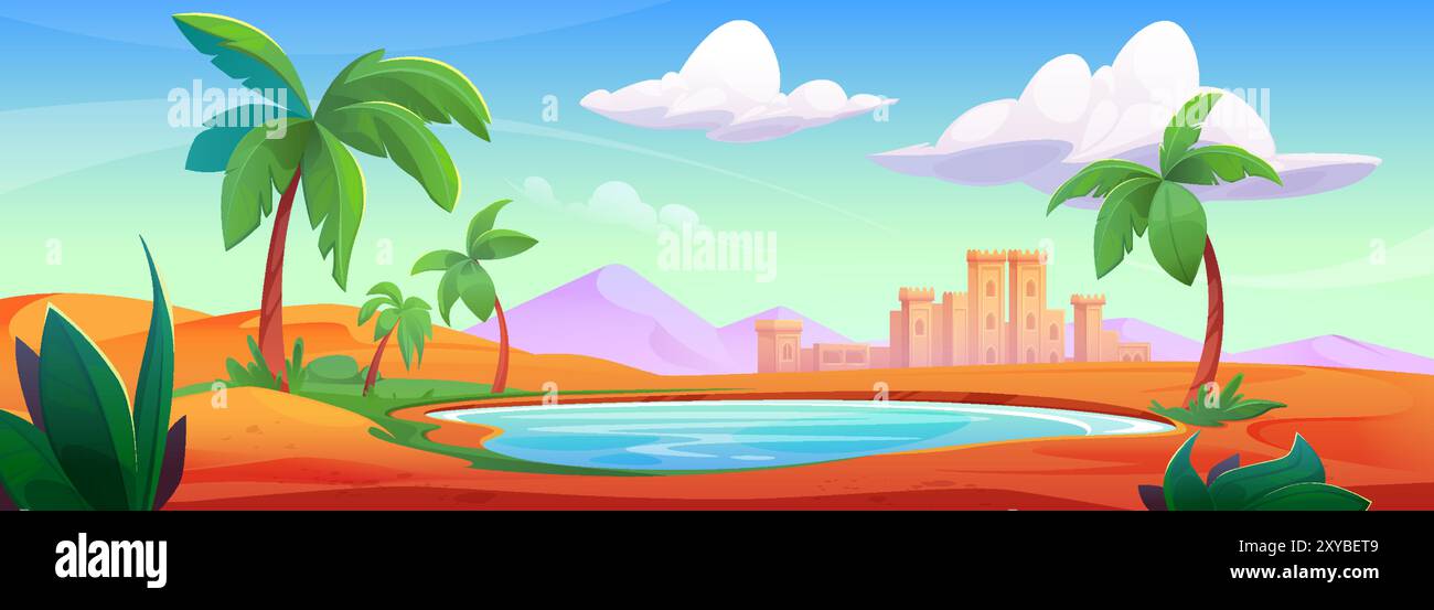 Arabian city and desert oasis with tropical lake. Vector cartoon illustration of sunny scenery with sandy dunes, pyramids and town buildings on horizon, green grass and palm trees around blue water Stock Vector