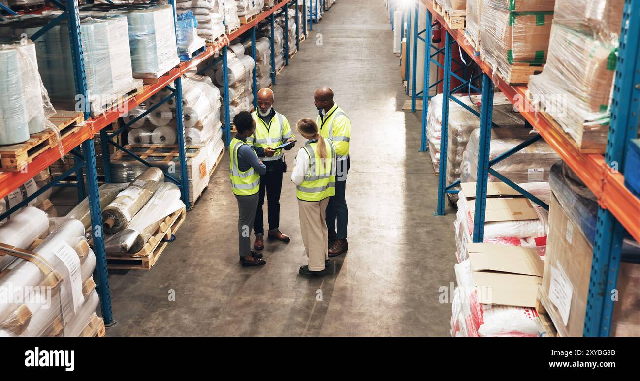 Logistics, inspection and group of people in warehouse with tablet for ...