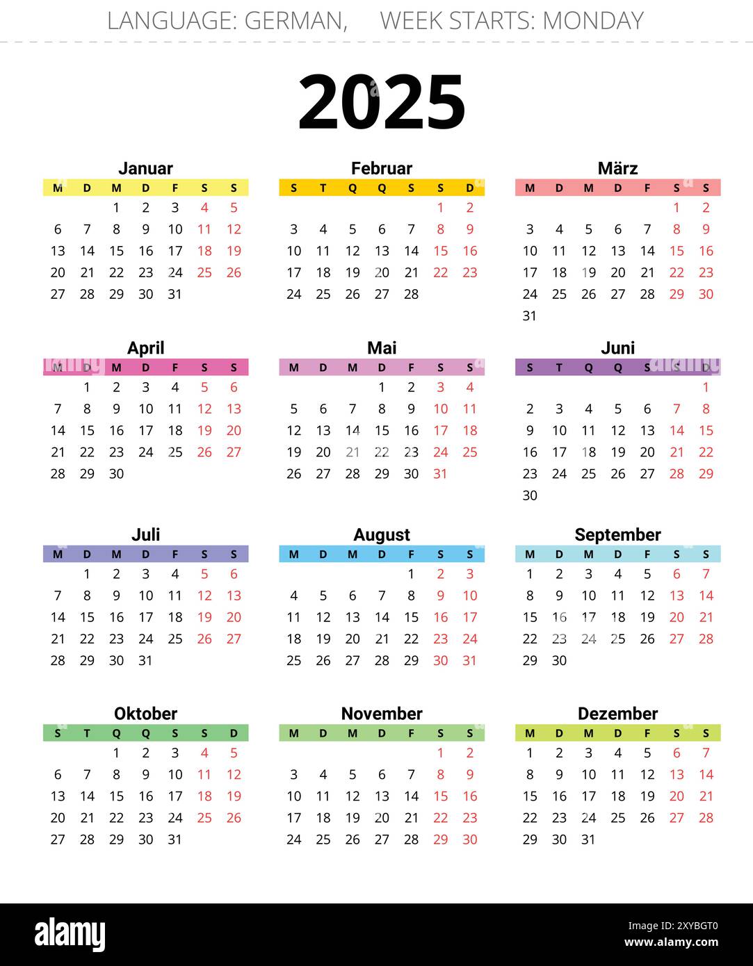 2025 year german calendar. Printable color vector illustration for Germany Stock Vector Image