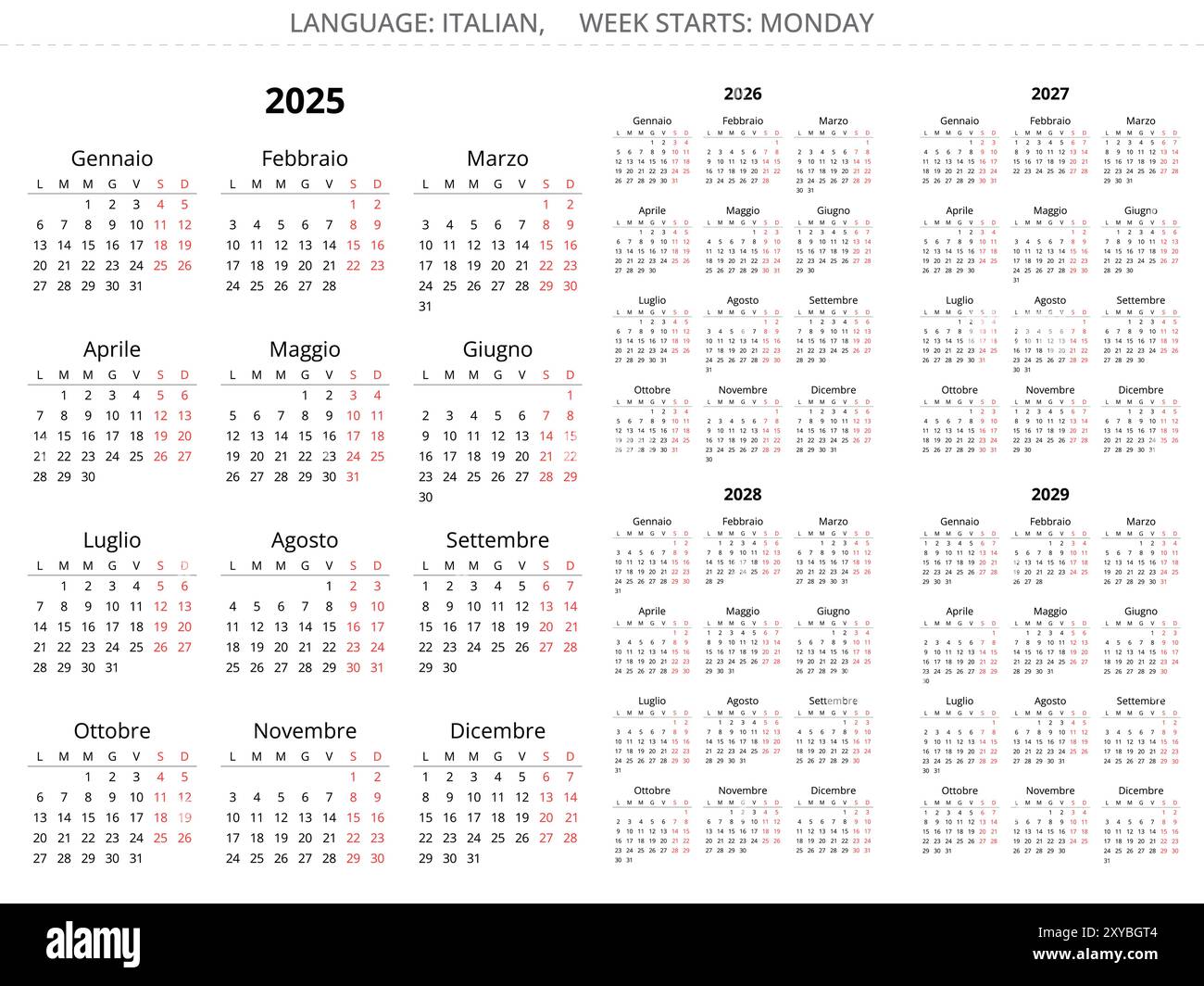 2025, 2026, 2027, 2028, 2029 year italian calendars. Printable vector