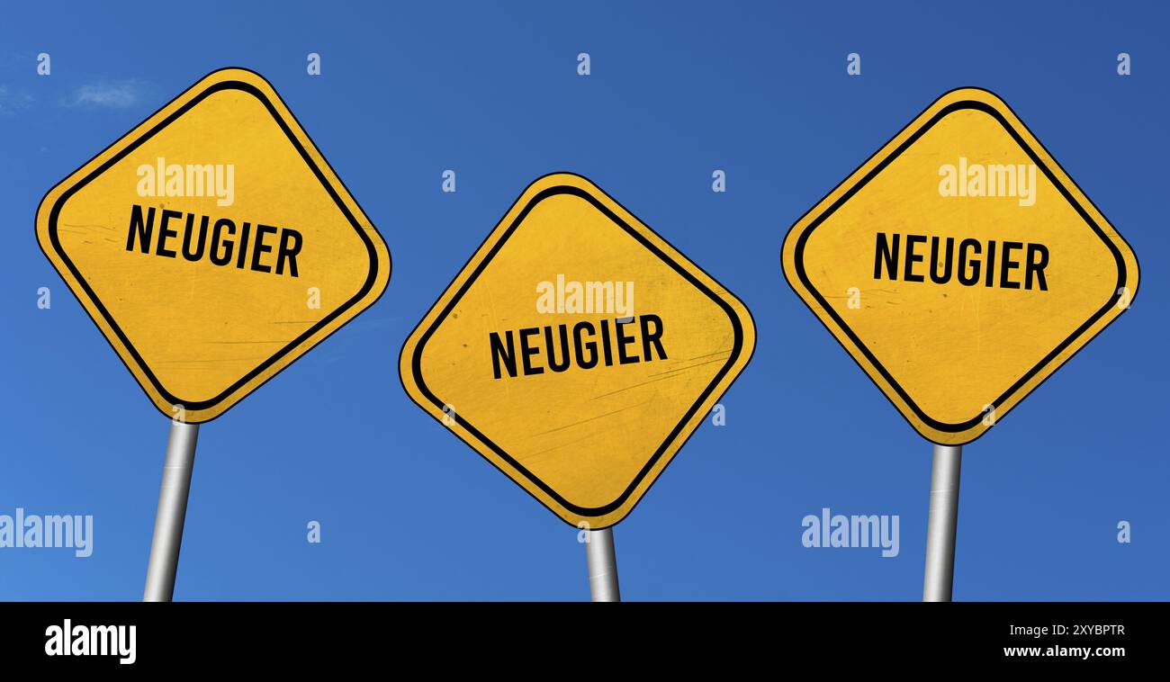 Neugier, yellow signs with blue sky Stock Photo