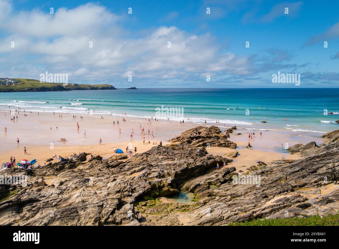Rocks exposed by a low tide on the iconic Fistral Beach in Newquay in ...
