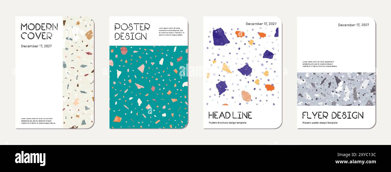 Note book cover design. Terrazzo abstract background made of natural stones, granite, quartz and marble. Venetian terrazzo texture note book template. Stock Vector