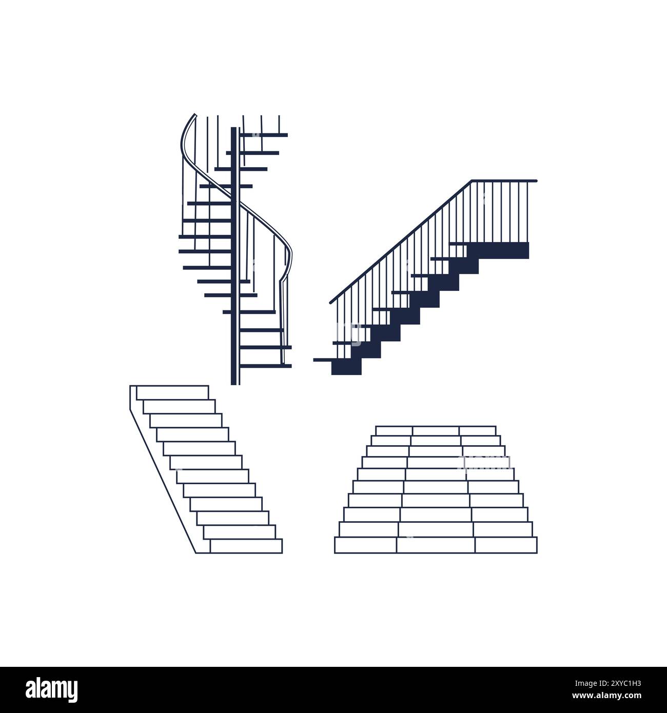 Isolated Set of Spiral Stairway, Carpet Marble Stair and Wooden Stone or Metal Staircase. Vector Illustration Stock Vector