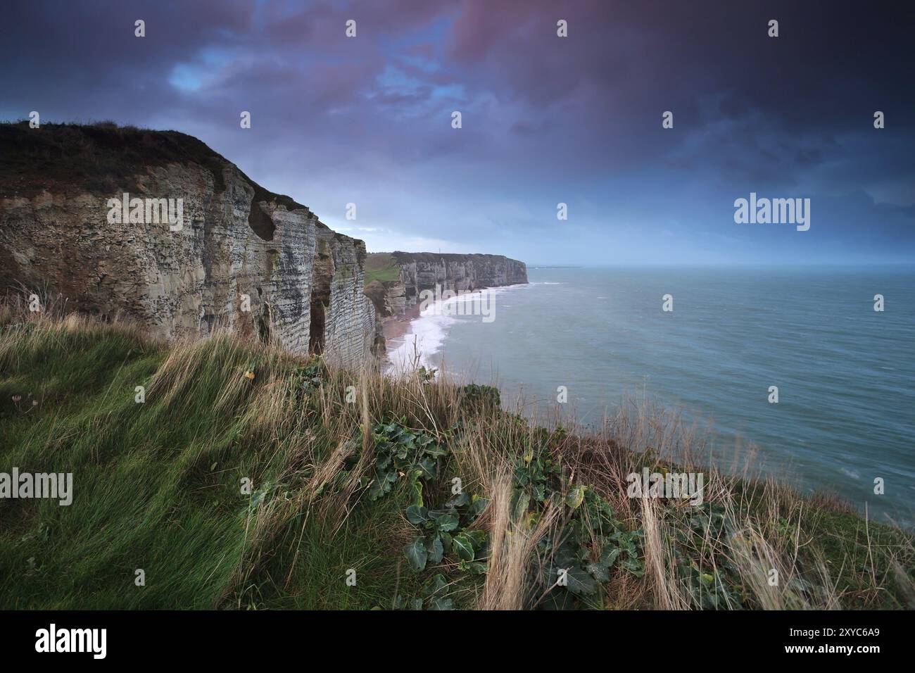 Sunrise over cliff in ocean, Etretat, Normandy, France, Europe Stock ...
