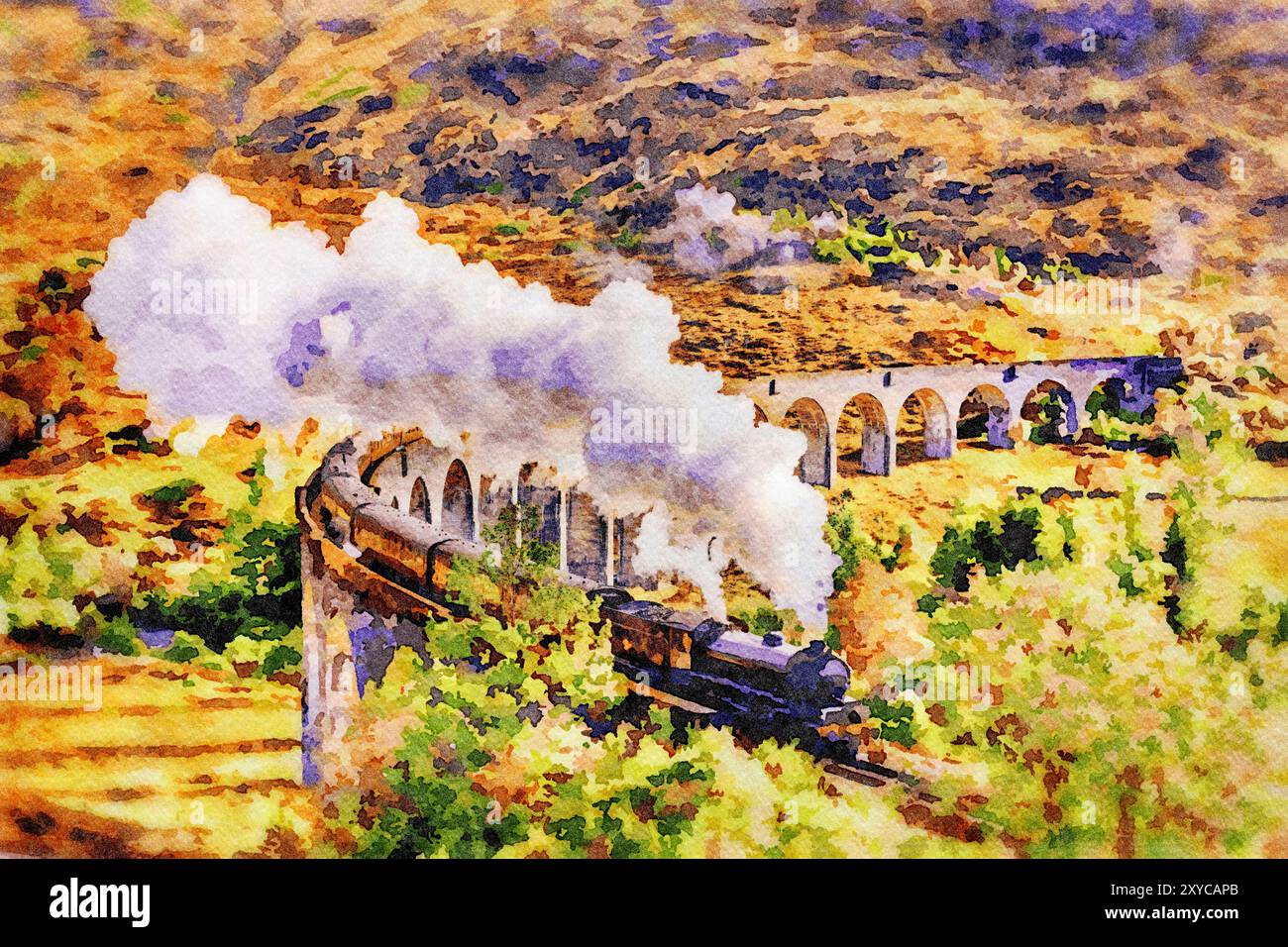 The Jacobite steam train, also known as the Harry Potter train, crossing the Glenfinnan Viaduct, Highland, Scotland, UK. Watercolour process. Stock Photo