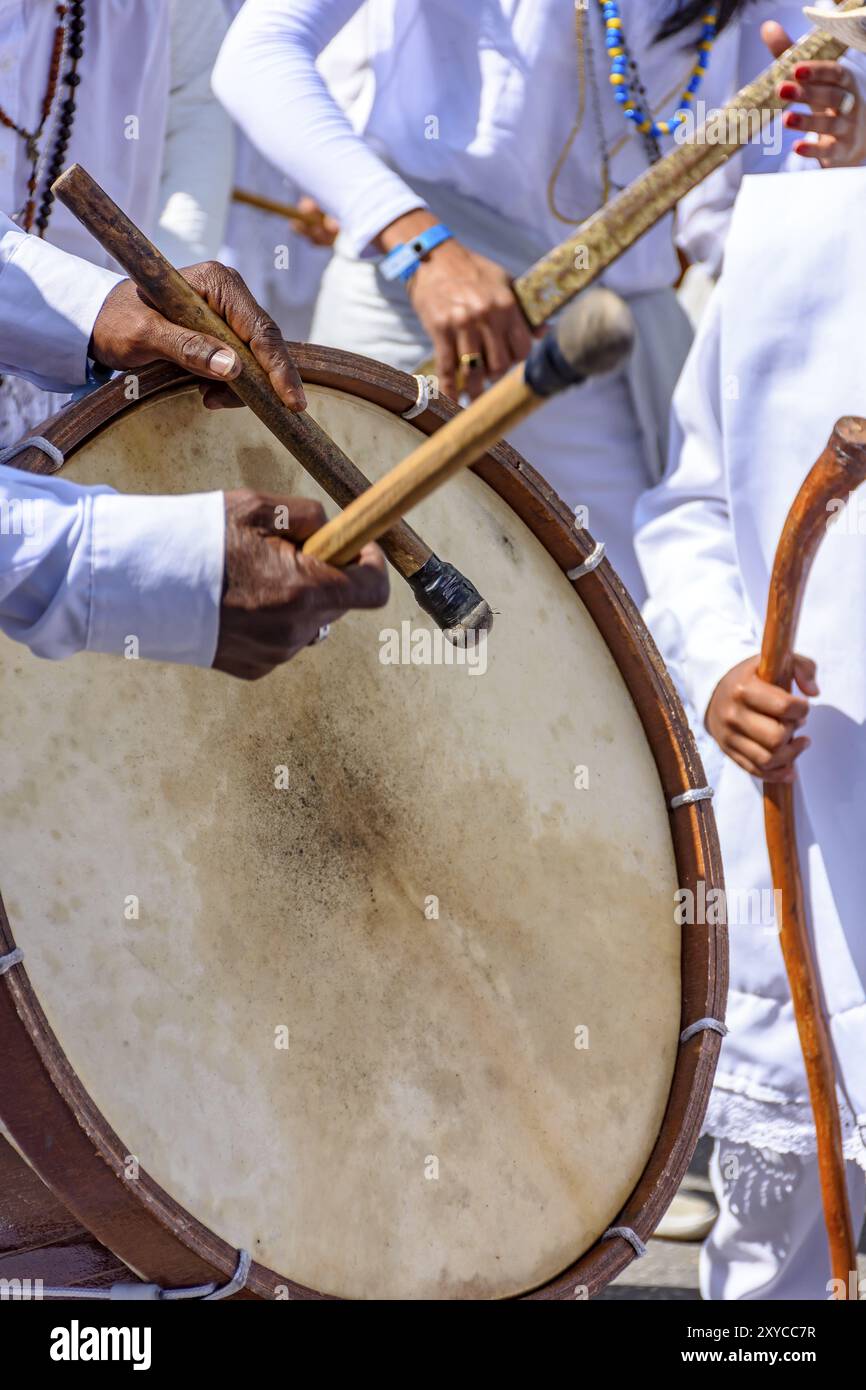 Drums being played in a religious and popular festival in the city of Belo Horizonte, Minas Gerais, Brazil, South America Stock Photo