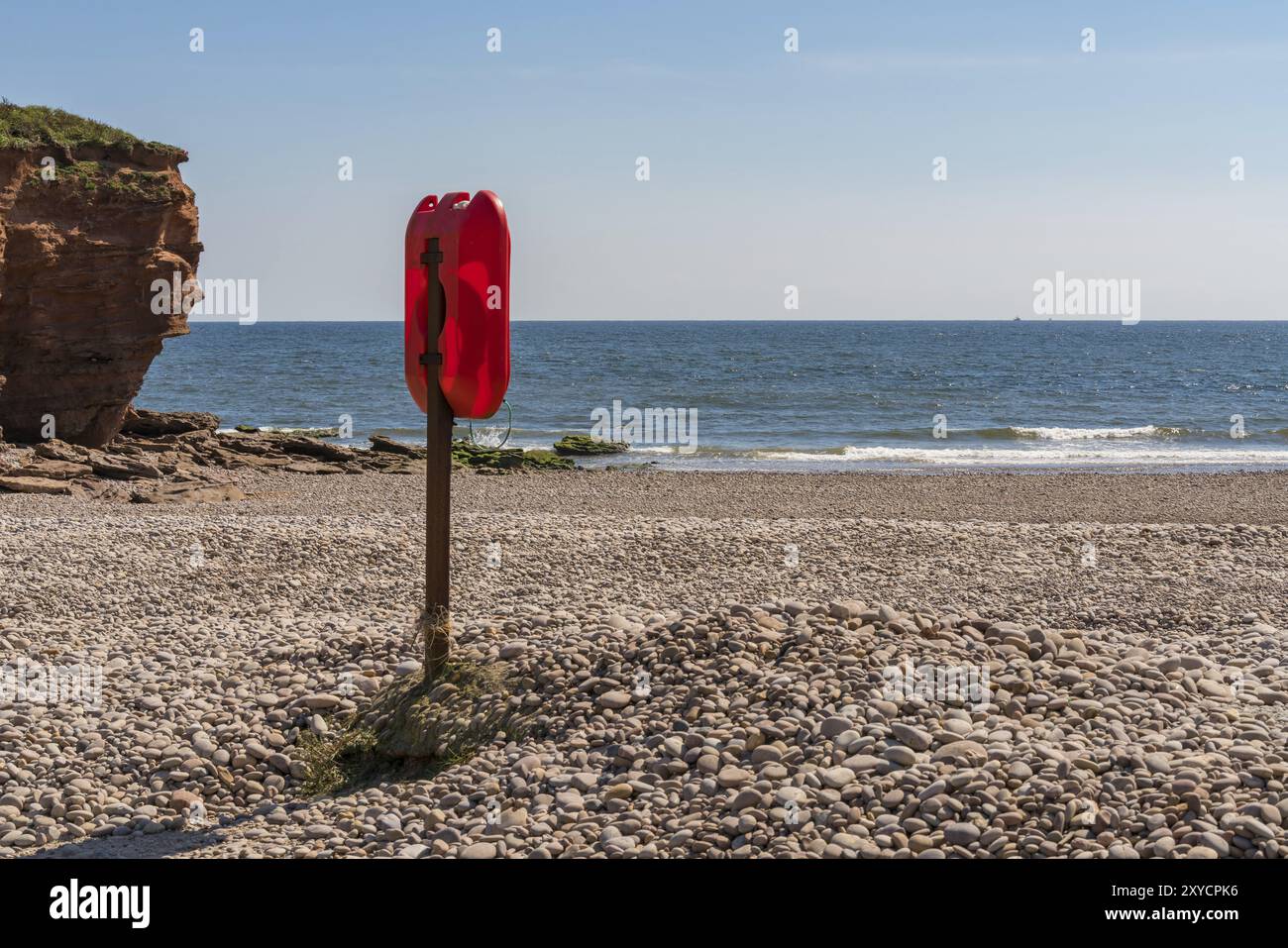 Lifebuoy at Otterton Ledge in Budleigh Salterton, Jurassic Coast, Devon, UK Stock Photo