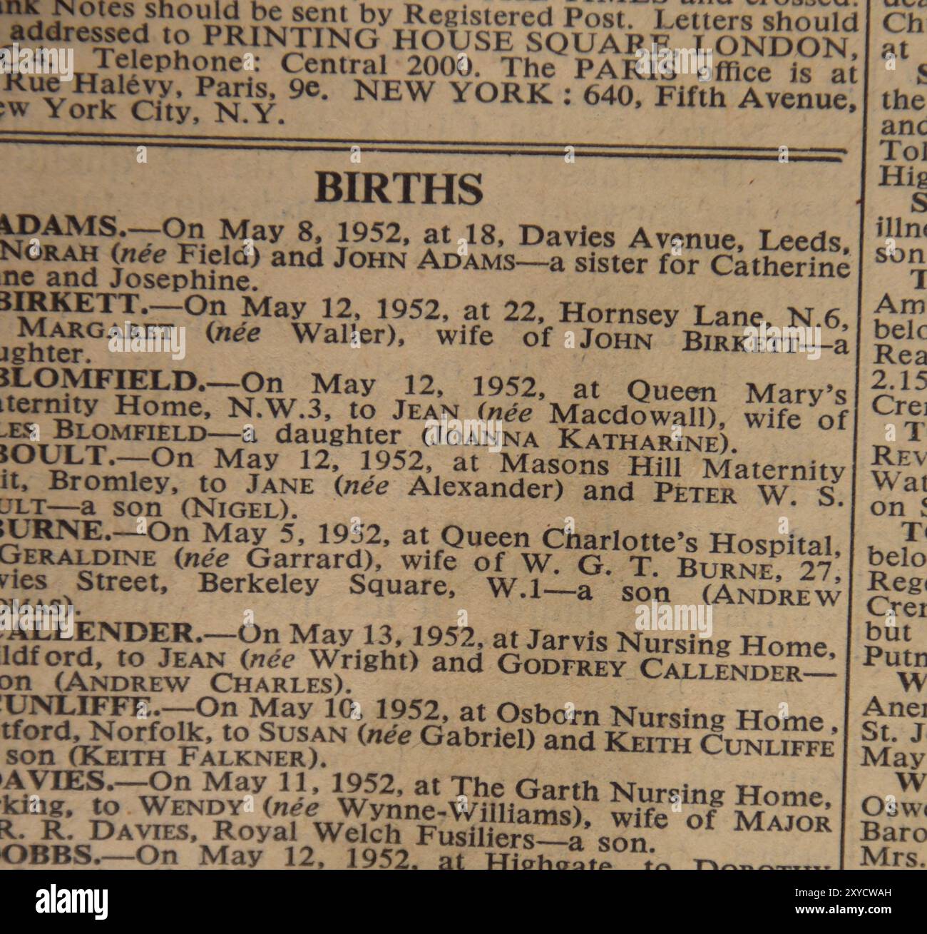 Close up of tiny print in a 1952 copy of the Times newspaper features