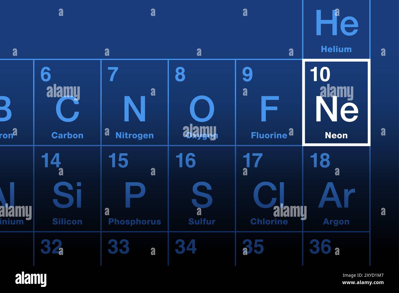 Neon element on the periodic table. Noble gas and chemical element with symbol Ne from Greek neos, meaning new, and with atomic number 10. Stock Photo