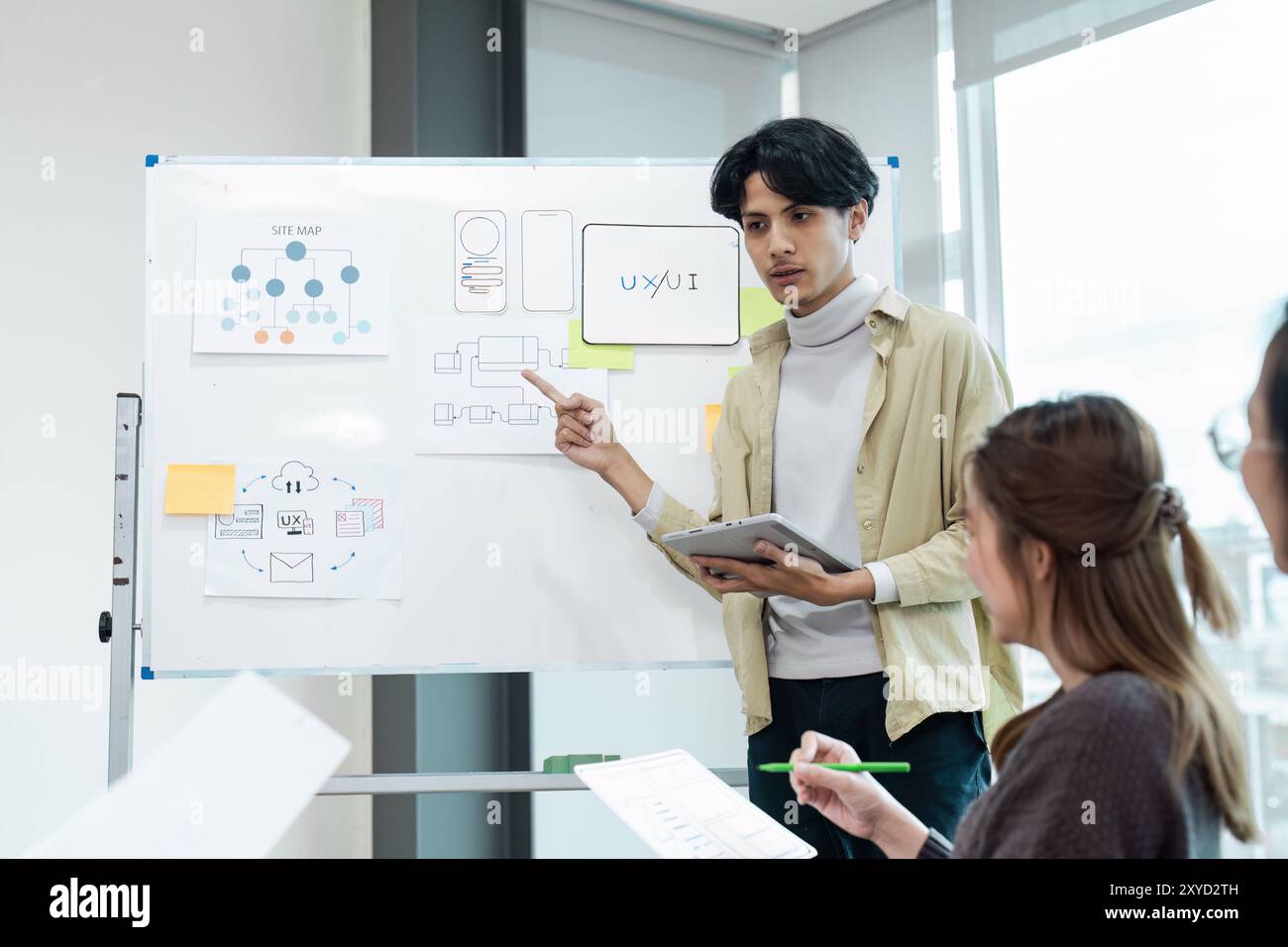 Young Professional Presenting UX UI Design Concepts on Whiteboard in ...