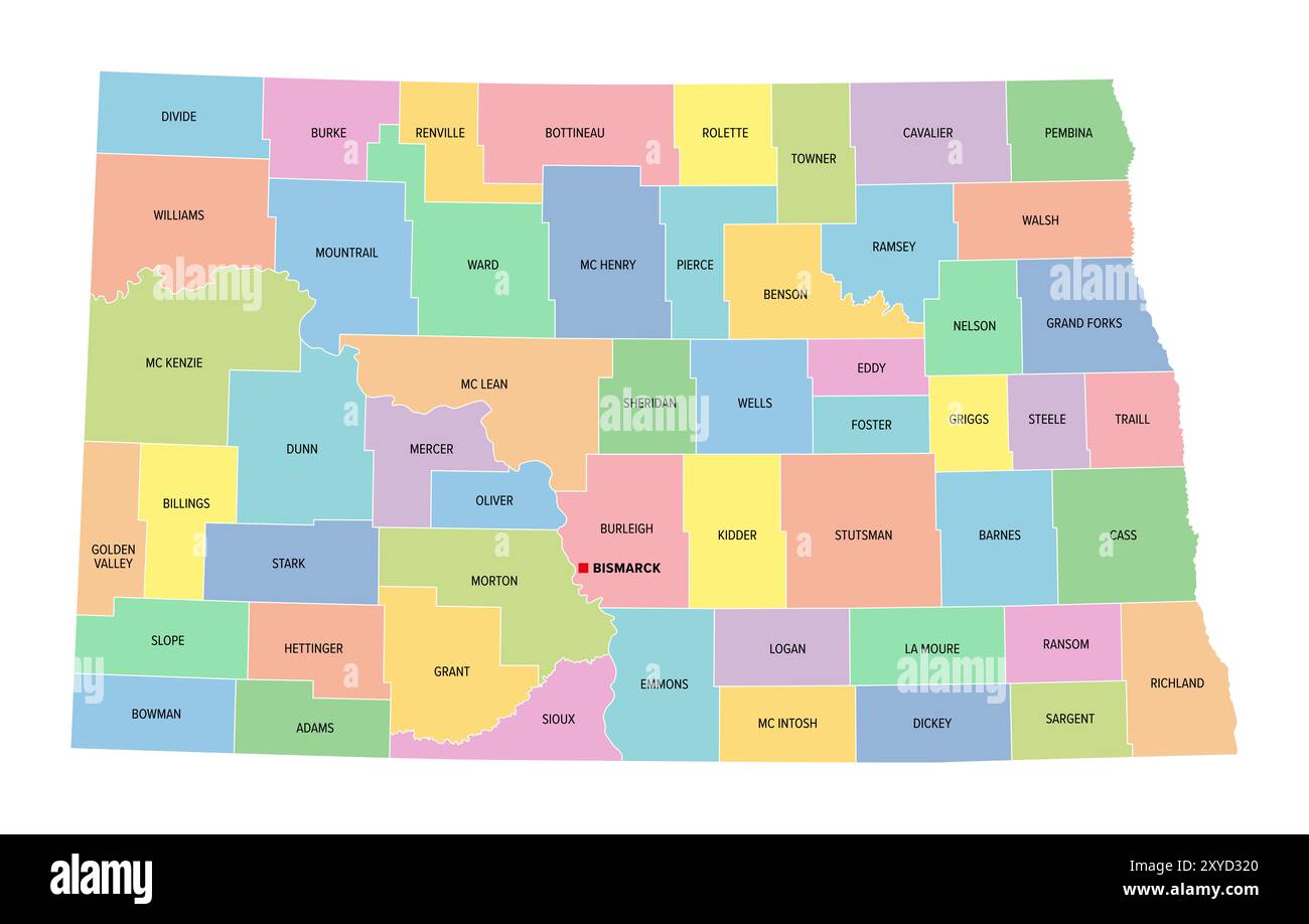 North Dakota U S State Subdivided Into 53 Counties Multi Colored North Dakota Us State Subdivided Into 53 Counties Multi Colored Political Map With Its Capital Bismarck With Borders And County Names 2XYD320