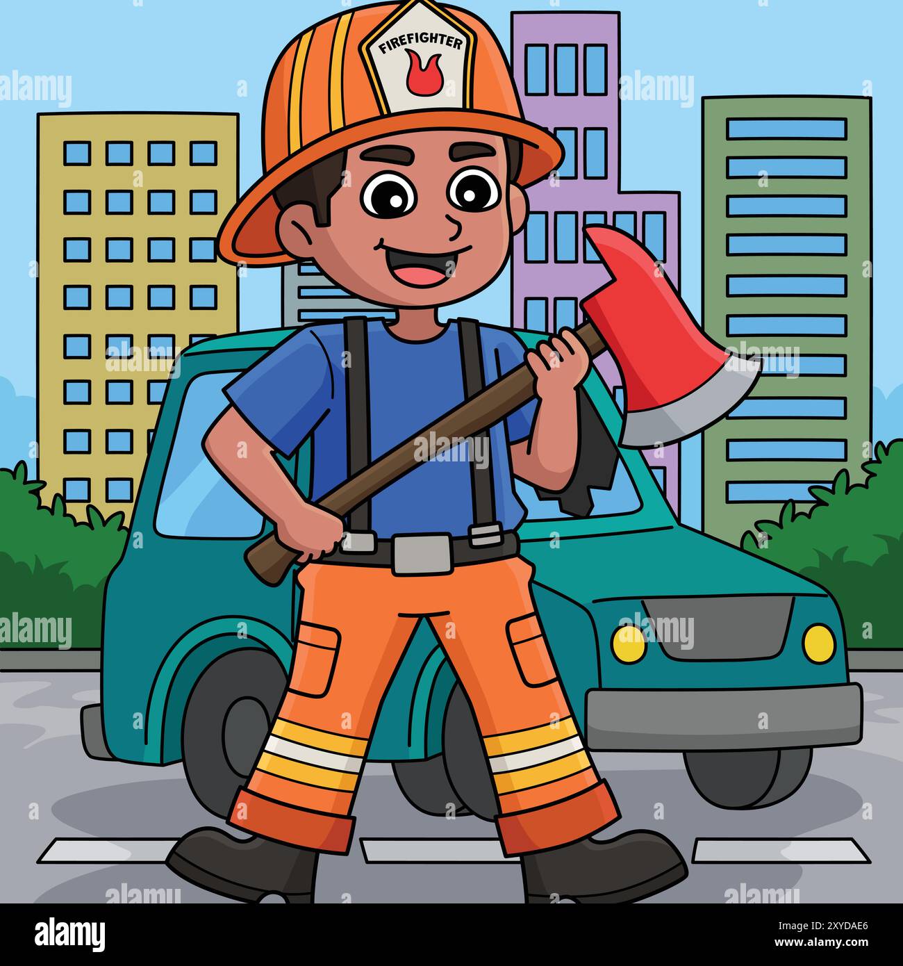 Firefighter Holding an Axe Colored Cartoon Stock Vector Image & Art - Alamy