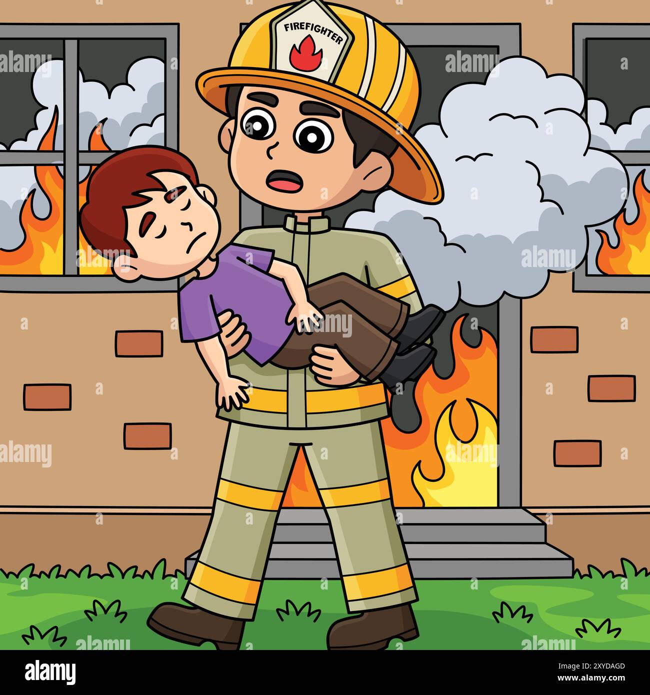 Firefighter Saving the Kid Colored Cartoon Stock Vector Image & Art - Alamy