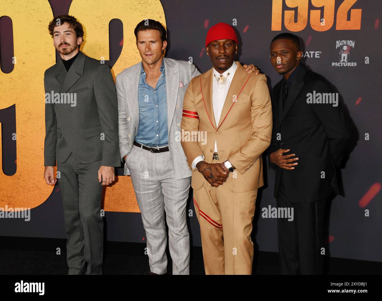 LOS ANGELES, CALIFORNIA - AUGUST 27: (L-R) Dylan Arnold, Scott Eastwood, Tyrese Gibson and Christopher Ammanuel attend the '1992' Los Angeles Premiere Stock Photo