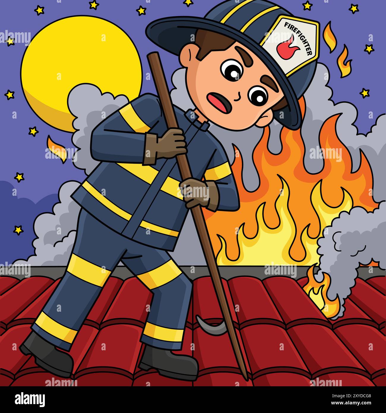 Firefighter Poking Roof Colored Cartoon Stock Vector Image & Art - Alamy