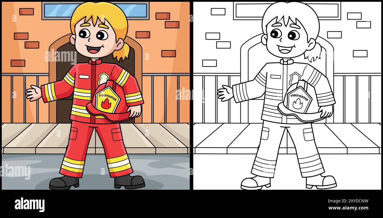 Female Firefighter Coloring Page Illustration Stock Vector Image & Art ...