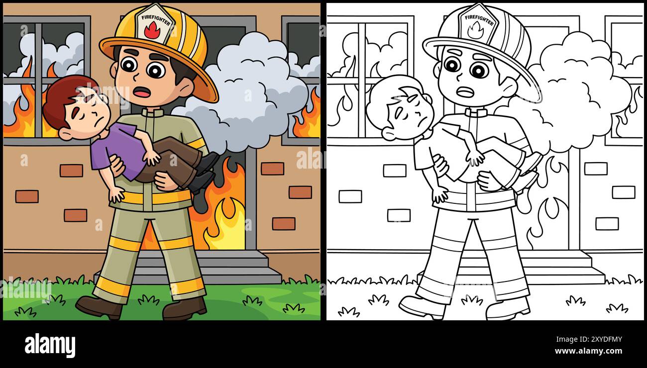 Firefighter Saving the Kid Coloring Illustration Stock Vector Image ...