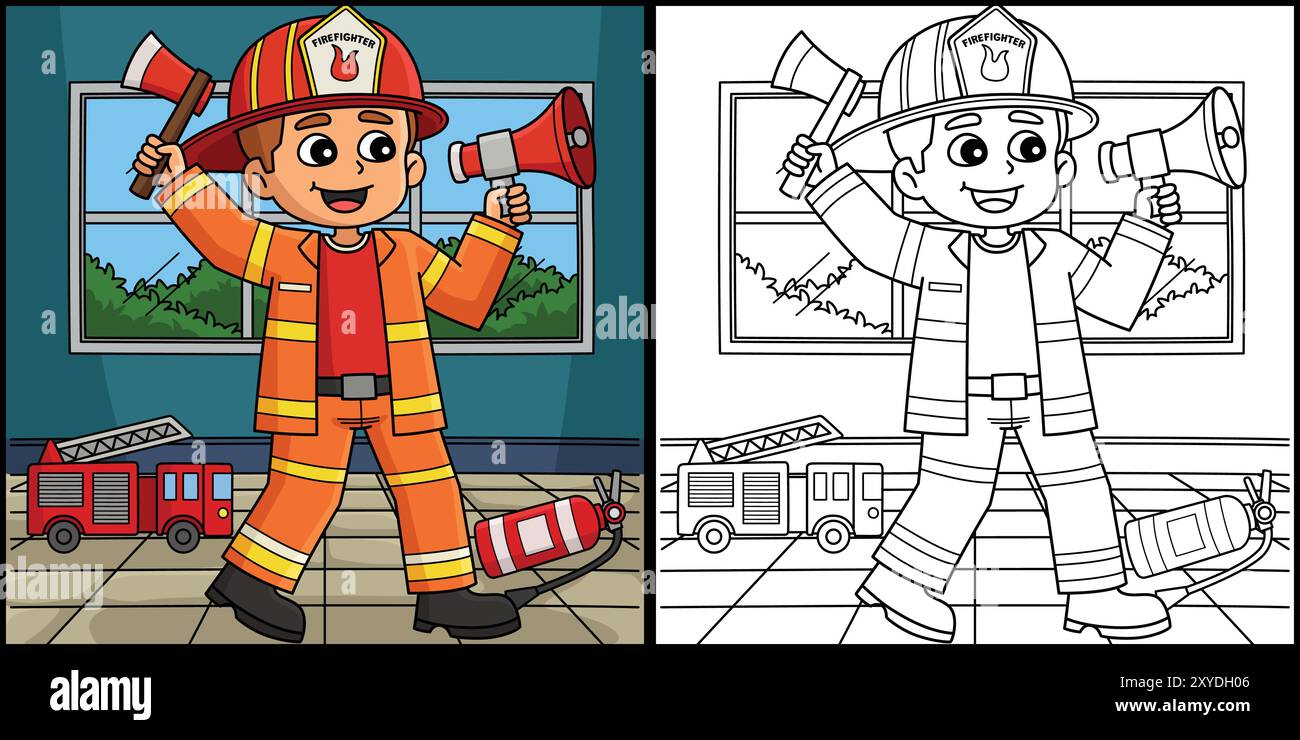 Firefighter Boy Coloring Page Colored Illustration Stock Vector Image ...