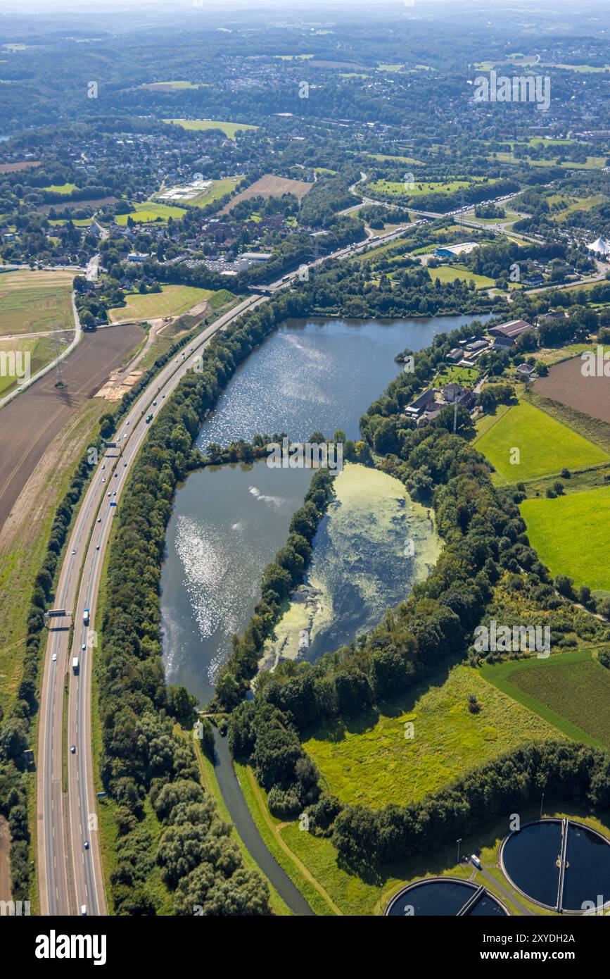 Luftbild, Ölbach Mündungsteich an der Autobahn A43 mit Anschlussstelle Witten-Heven, Hof Romberg und Landhof am Kemnader See, Blick nach Witten-Herbede, Querenburg, Bochum, Ruhrgebiet, Nordrhein-Westfalen, Deutschland ACHTUNGxMINDESTHONORARx60xEURO *** Aerial view, Ölbach estuary pond at the highway A43 with junction Witten Heven, Hof Romberg and Landhof at Lake Kemnader, view to Witten Herbede, Querenburg, Bochum, Ruhr area, North Rhine-Westphalia, Germany ATTENTIONxMINDESTHONORARx60xEURO Stock Photo