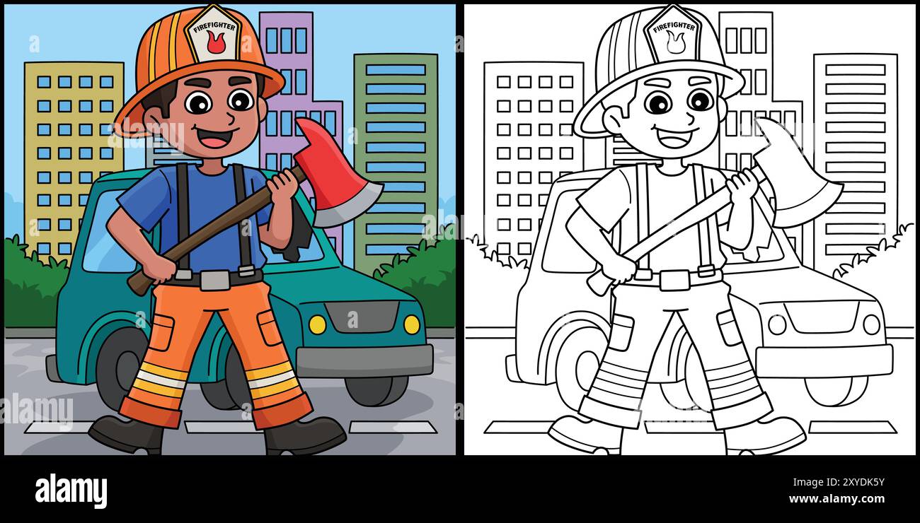 Firefighter Holding an Axe Coloring Illustration Stock Vector Image ...
