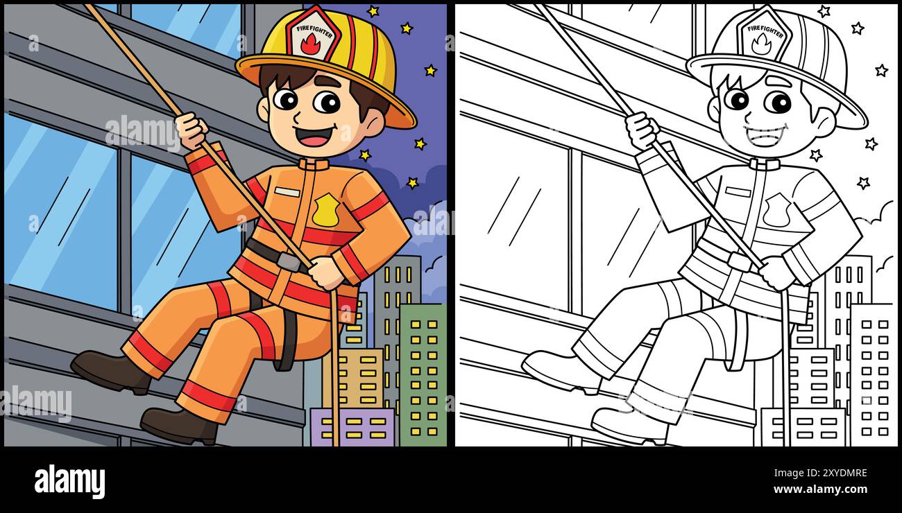 Firefighter Rappelling Coloring Page Illustration Stock Vector Image ...