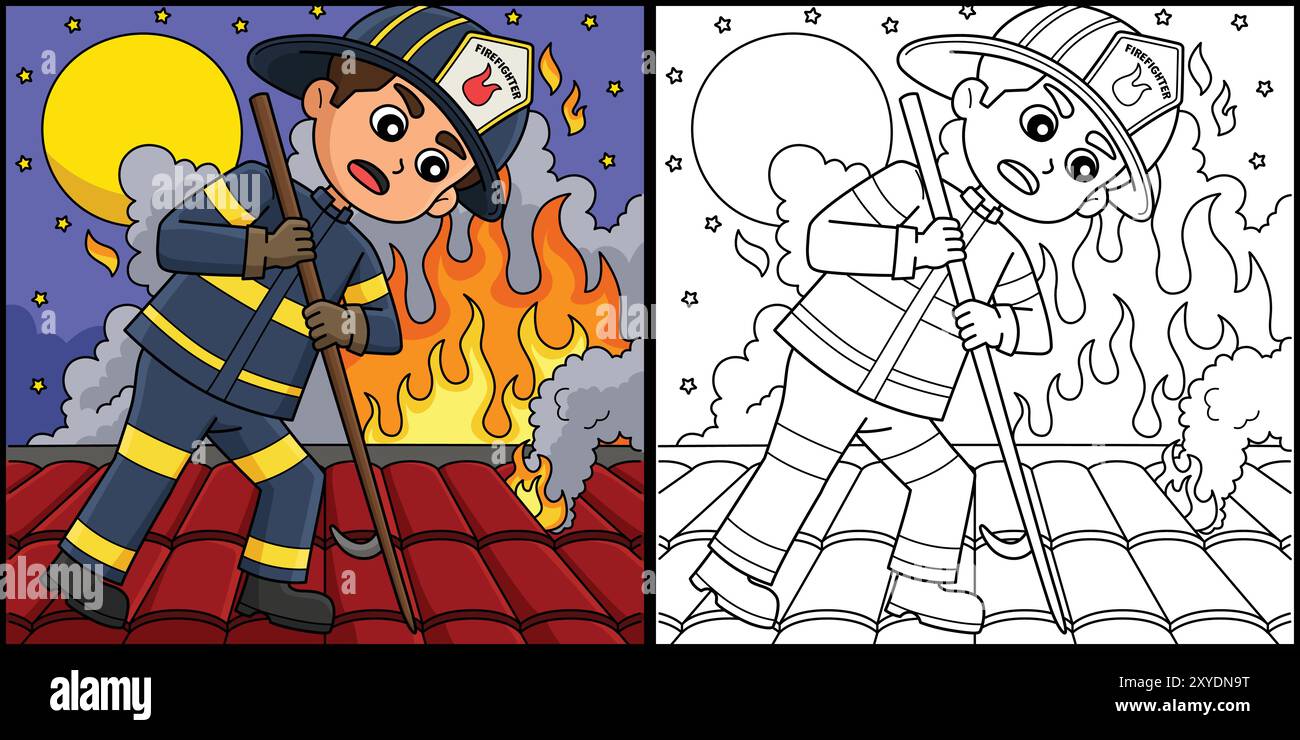 Firefighter Poking Roof Coloring Illustration Stock Vector Image & Art ...