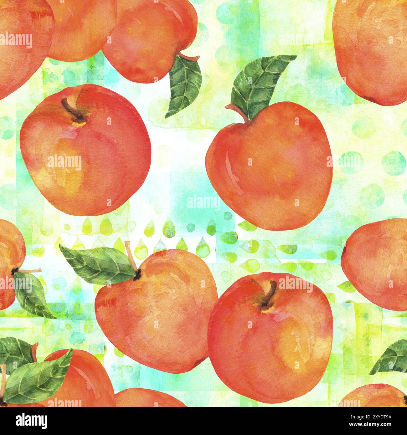 A watercolor repeat print with vibrant red apples on a seamless pattern in teal Stock Photo