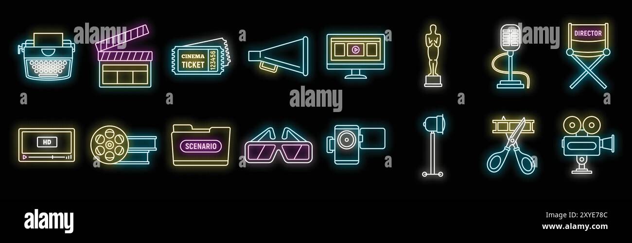 Cinema industry neon sign set featuring clapperboard, ticket, megaphone ...