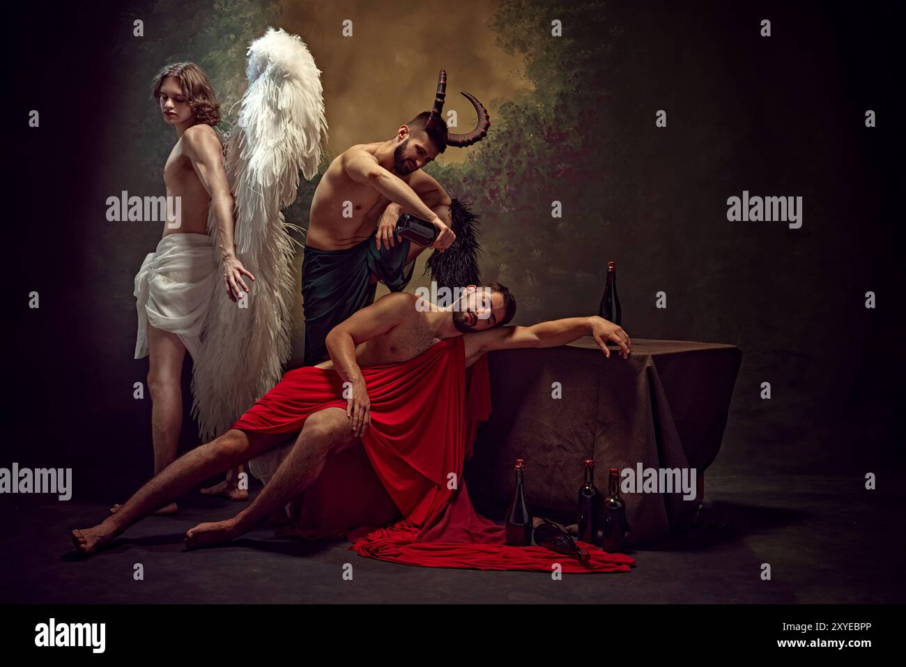 Angel stands tall and serene, leave demons celebrate beneath him ...