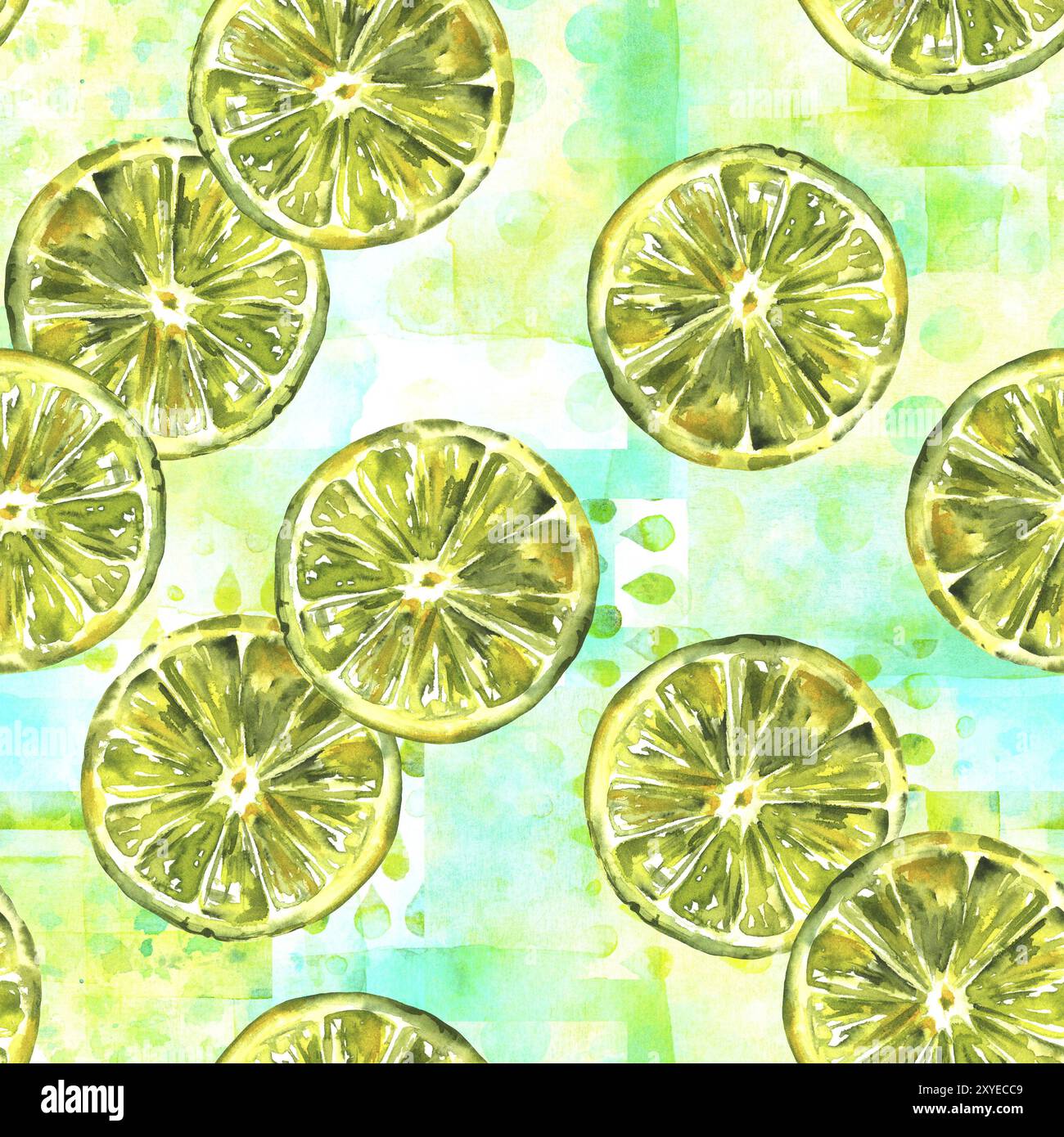 A seamless pattern with vibrant hand drawn watercolour limes on a teal patchwork texture, healthy food repeat print Stock Photo