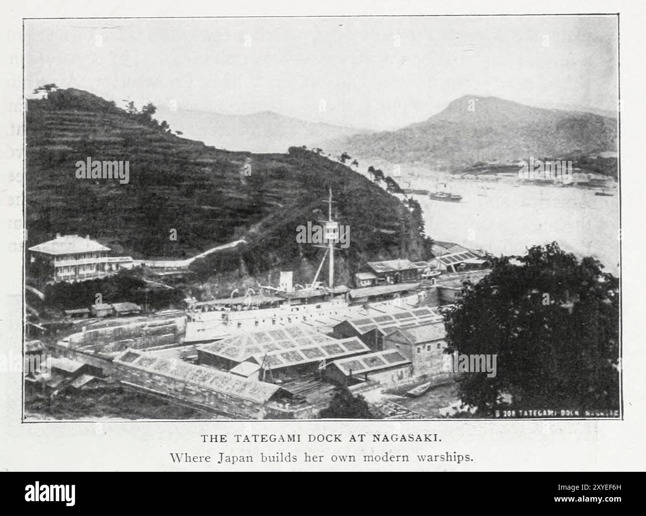 THE TATEGAMI DOCK AT NAGASAKI. Where Japan builds her own modern warships. from the Article RUSSIA'S FIELD FOR ANGLO-SAXON ENTERPRISE IN ASIA. By Alexander Hume Ford. from The Engineering Magazine Devoted to Industrial Progress Volume XIX 1900 The Engineering Magazine Co Stock Photo