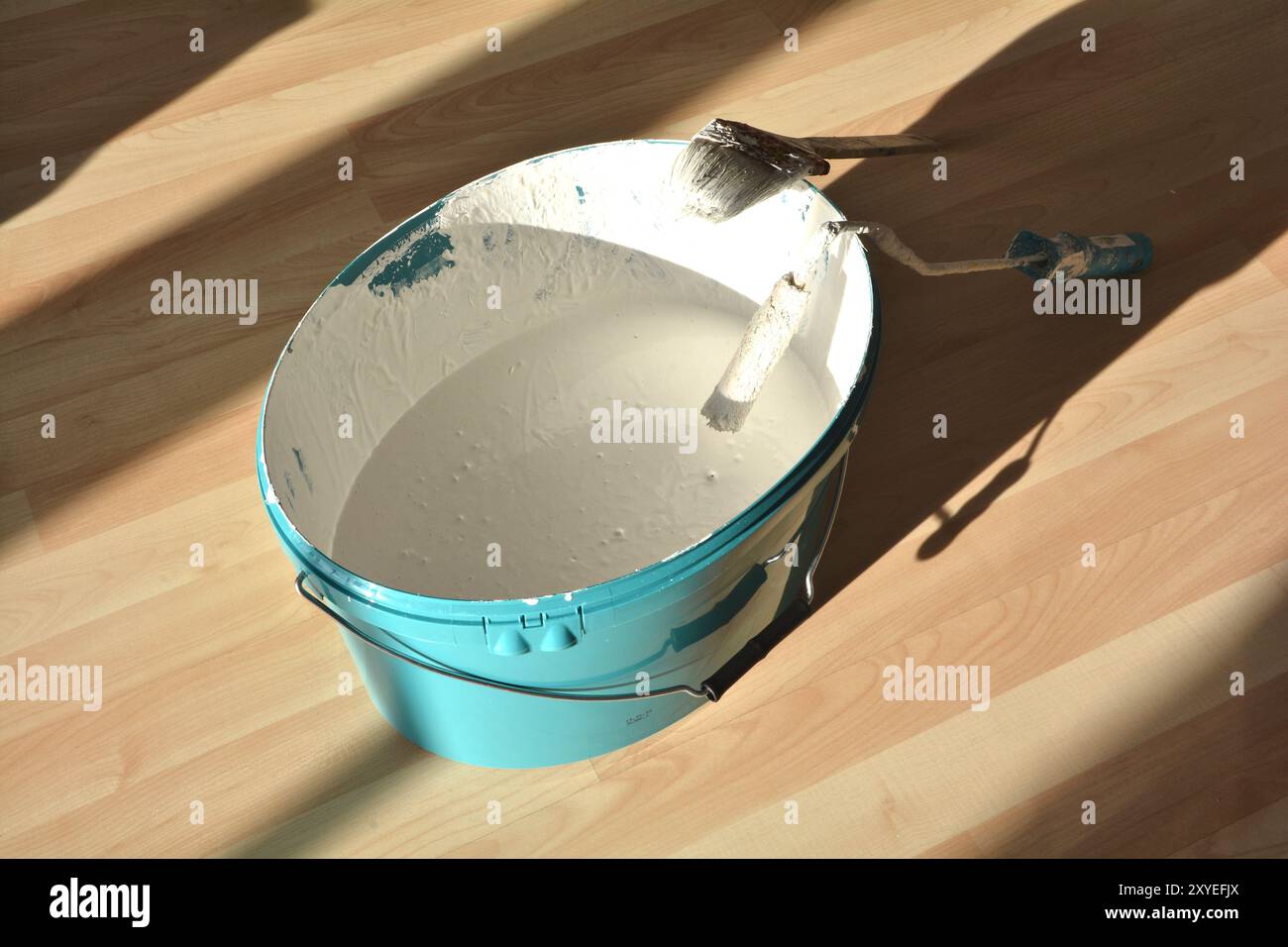 Paint and tools on a construction site Stock Photo