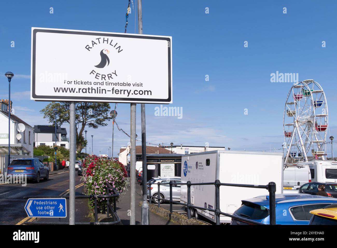Rathlin Island Ferry sign at harbour, blue sky, sunny day, summer, with