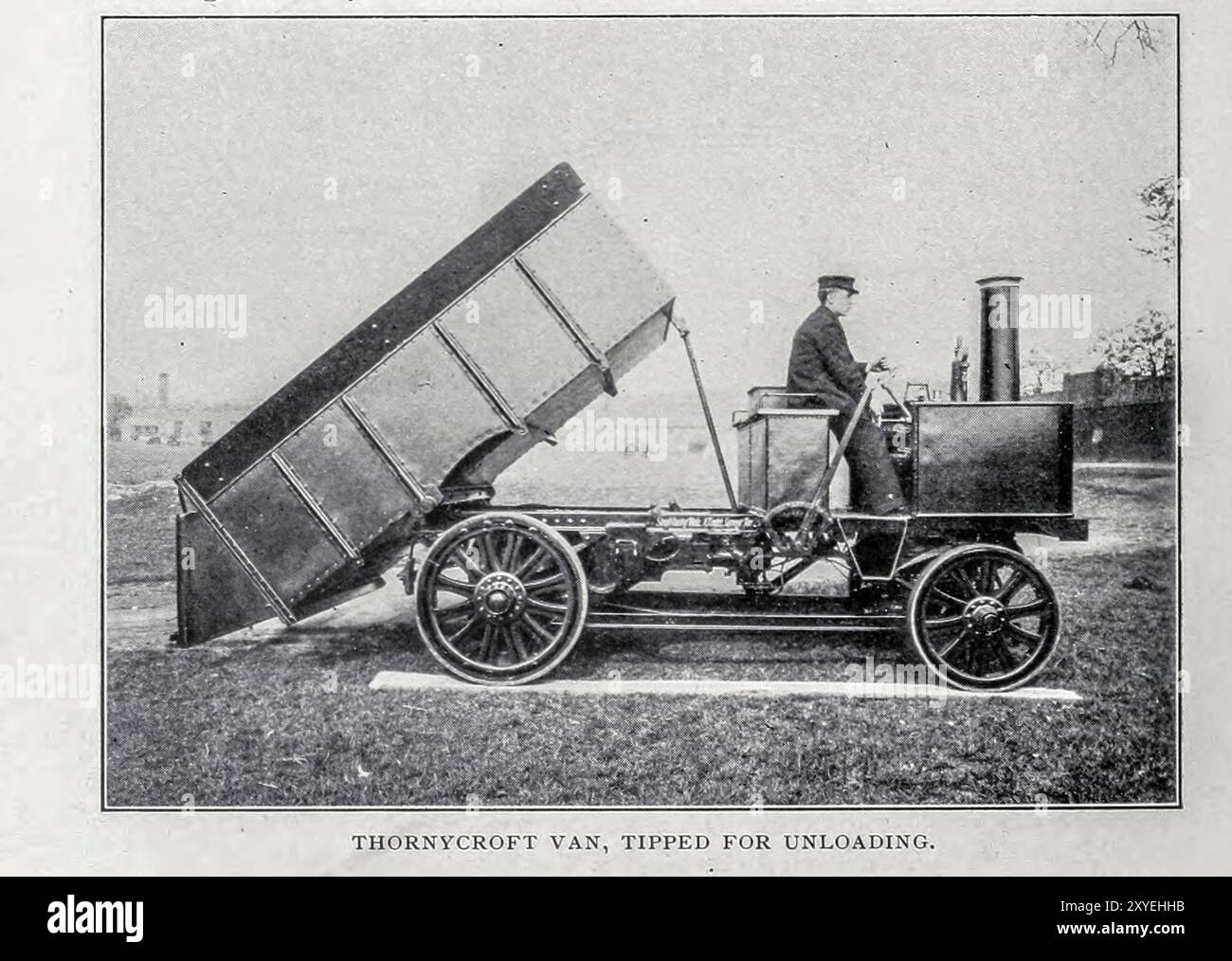 THORNYCROFT VAN, TIPPED FOR UNLOADING from the Article HEAVY MOTOR VEHICLES FOR ROAD SERVICE. By Fred W. Maynard  from The Engineering Magazine Devoted to Industrial Progress Volume XIX 1900 The Engineering Magazine Co Stock Photo