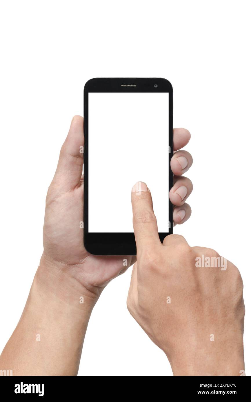 Hand holding the smartphone isolated on white background Stock Photo