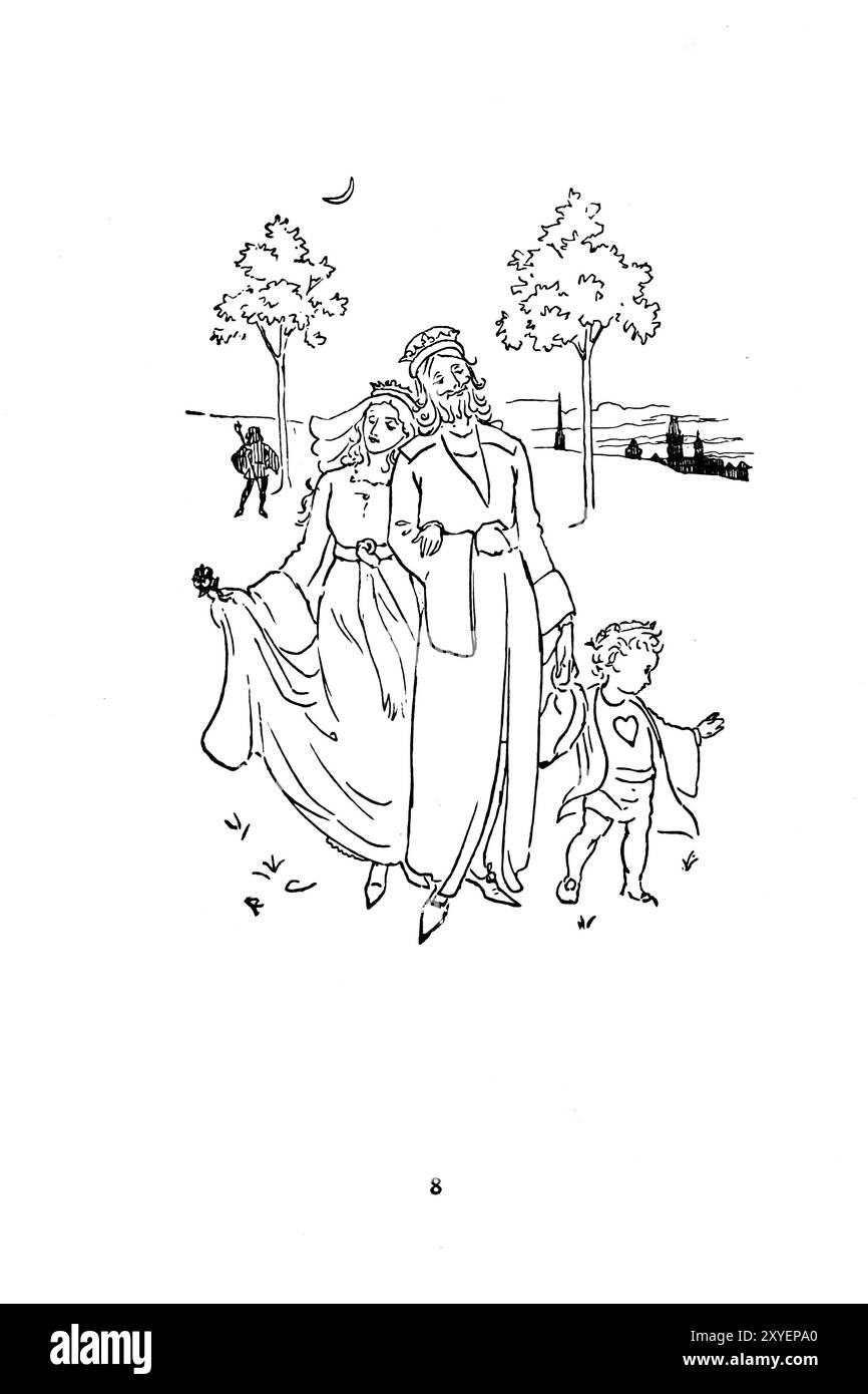 The queen of hearts by Caldecott, Randolph, 1846-1886, The Queen of Hearts / She made some tarts, / All on a summer's day; / The Knave of Hearts / He stole those tarts, / And took them clean away. / The King of Hearts / Called for the tarts, / And beat the knave full sore; / The Knave of Hearts / Brought back the tarts, /  And vowed he'd steal no more. Stock Photo