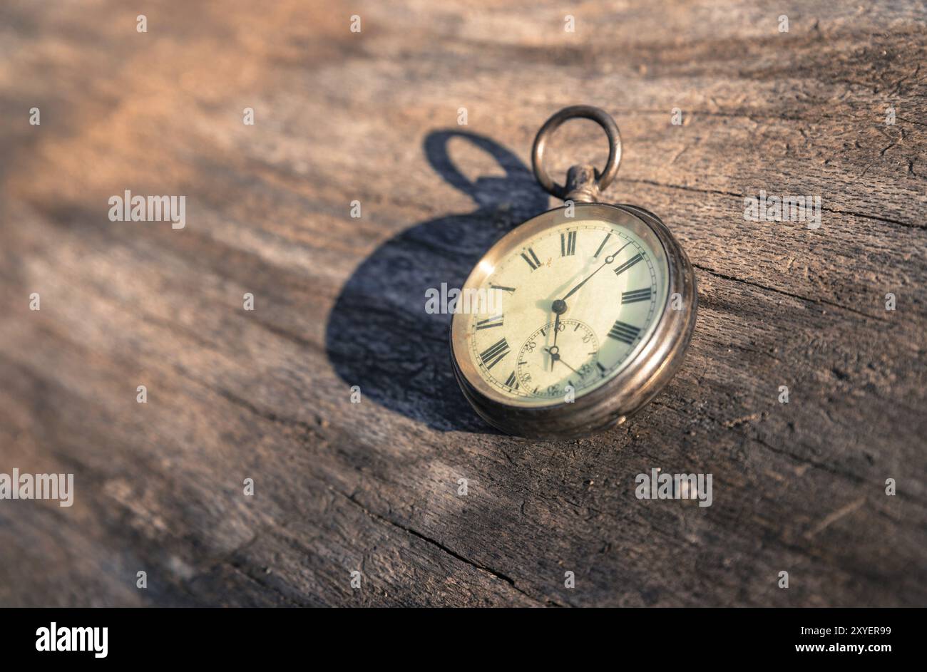Vintage watch lies on a wood board, autumn time Stock Photo