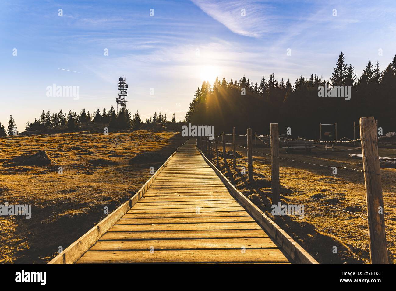 Wooden path at the top of schockl mountain in Graz Austria leading to ...