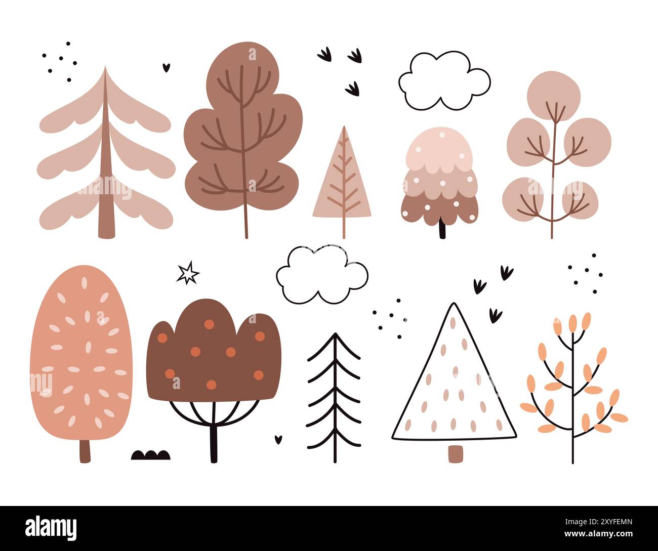 A set of forest autumn trees in the Scandinavian style. Hand drawn woodland trees. Wild botanical set. Stock Vector