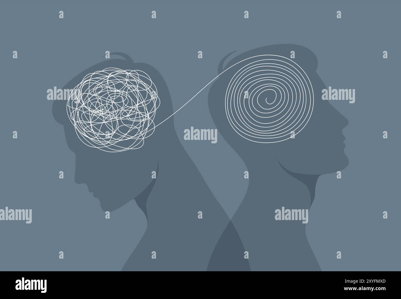 Male silhouettes back to back with tangled and untangled balls in their ...